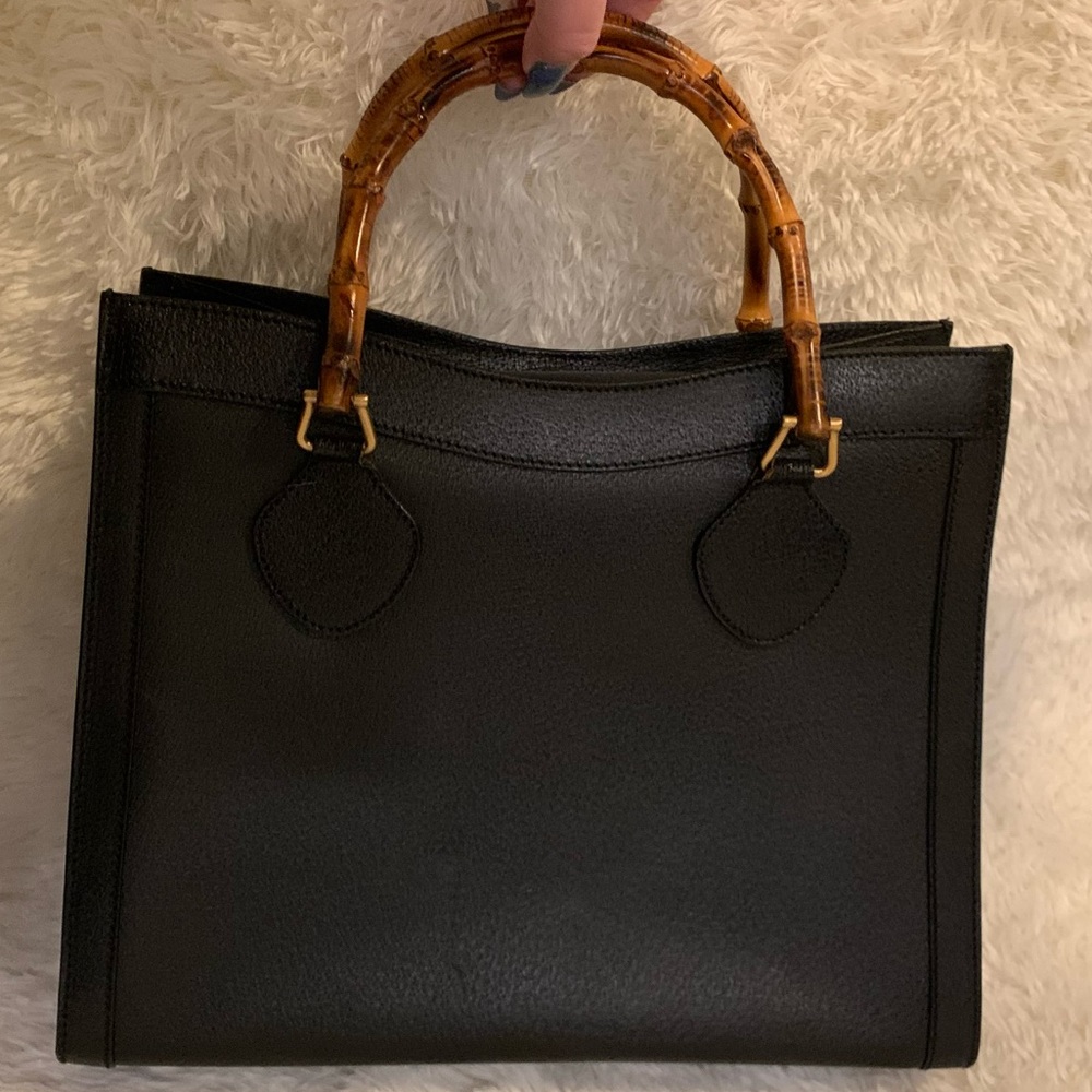 Gucci Vintage Princess Diana Bag Bamboo Handle Tote Black Leather